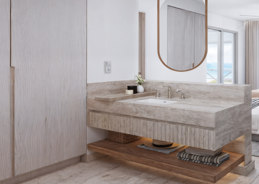 Muestras de acabados premium como madera de parota y pisos de mármol para condominios en Isla Mujeres